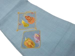 手織り紬汕頭刺繍菱に瓢箪・野菜模様名古屋帯